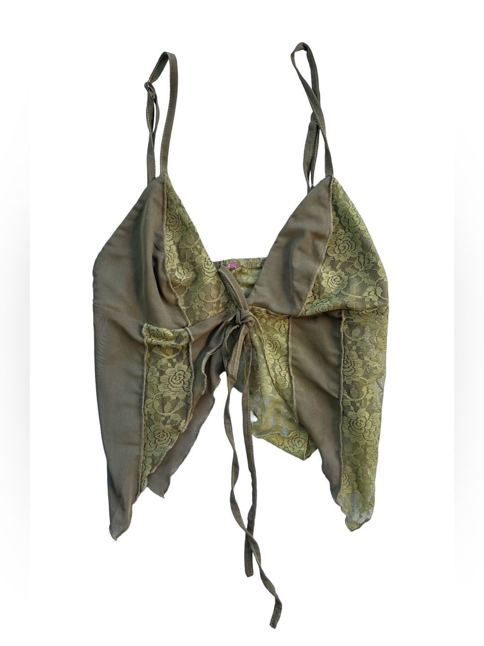 Olive Green Lace Tie-Front Handkerchief Cami Crop Top | Size XS-S